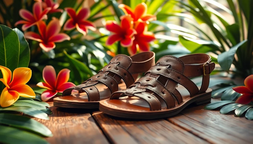 Admire the elegant huarachepaschers.fr sandals amidst lush tropical flowers.