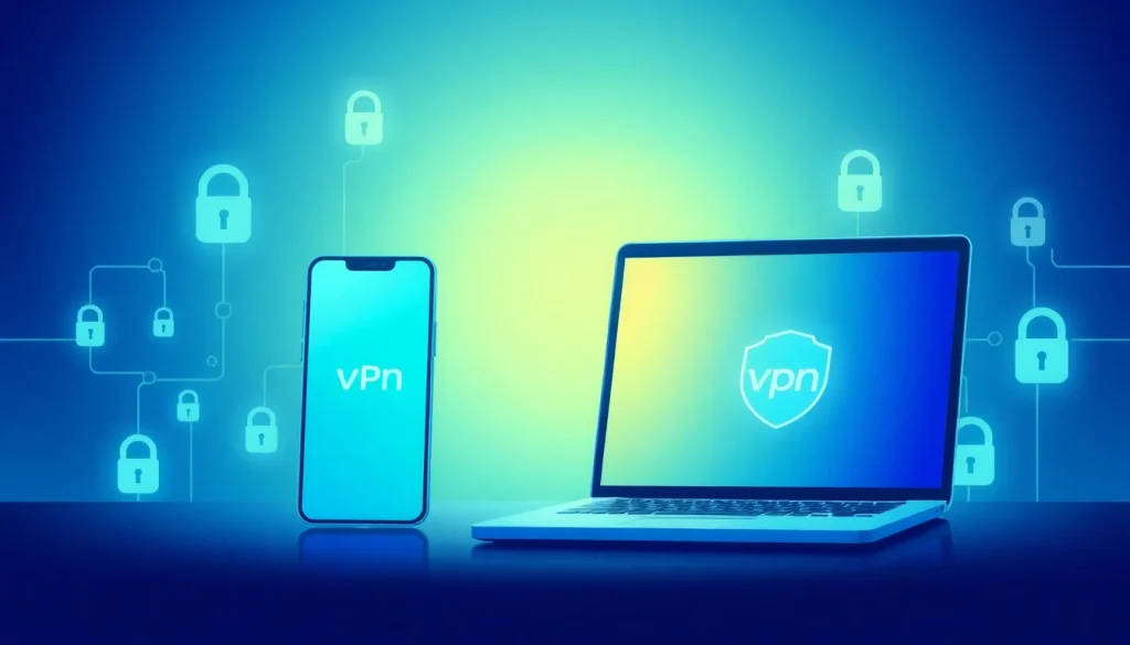 快连vpn下载 interface shown on smartphone and laptop, illustrating modern VPN application features.