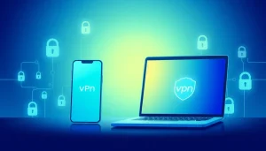 快连vpn下载 interface shown on smartphone and laptop, illustrating modern VPN application features.