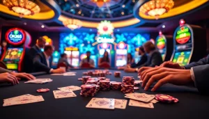 Players engage in high-stakes poker at ok365, surrounded by vibrant casino decor and lighting.