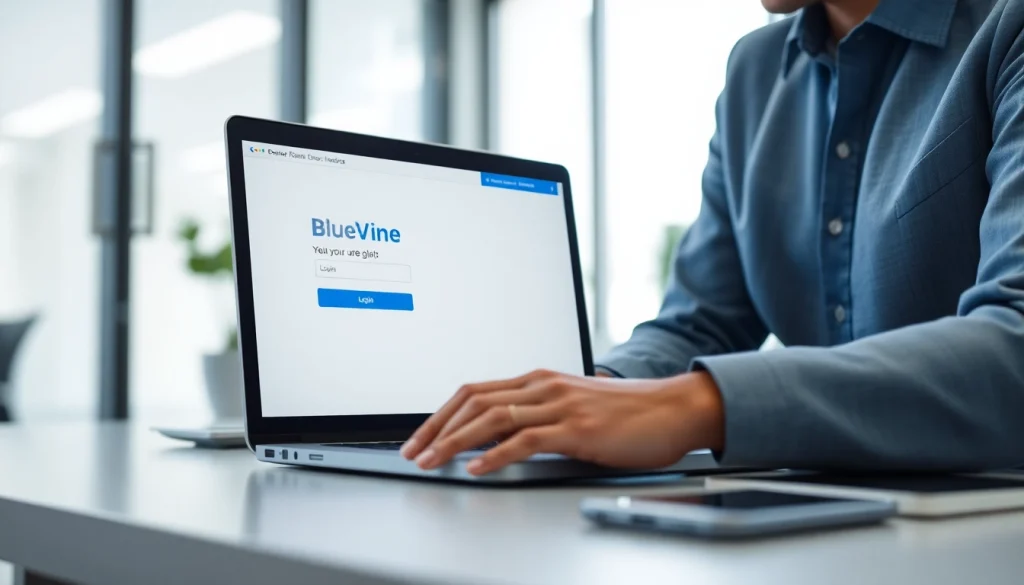 Accessing bluevine login on a laptop in a secure office setting, highlighting safe online banking practices.