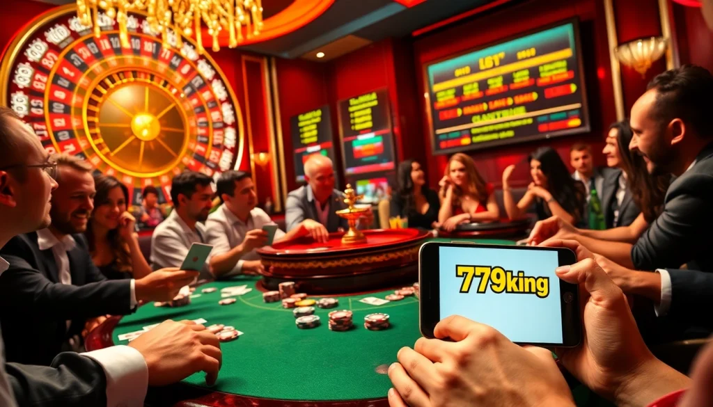 Exciting poker game at a casino featuring 79king 4 logo, vibrant chips, and intense players.