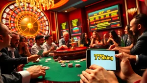 Exciting poker game at a casino featuring 79king 4 logo, vibrant chips, and intense players.