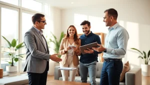 Showcase a real estate scenario with a couple engaging with an agent in a bright home setting.