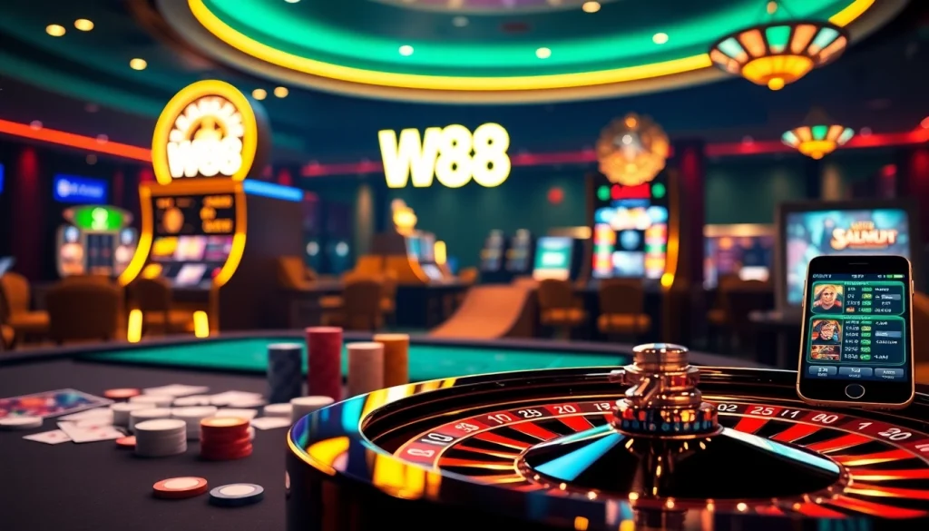Experience thrilling gambling at W88 with vibrant casino games, chips, and a roulette wheel.