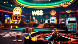 Experience thrilling gambling at W88 with vibrant casino games, chips, and a roulette wheel.