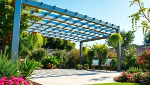 Enhance your outdoor space with a modern steel pergola surrounded by lush greenery and vibrant flowers.