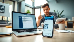 Showcasing payment links for content creators with a laptop and smartphone in a professional setting.