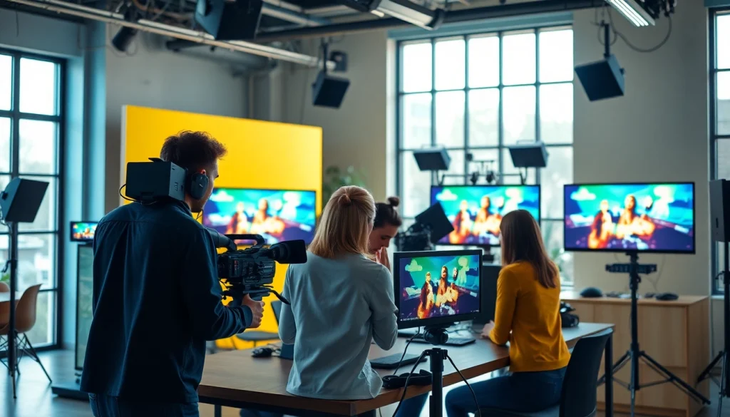 A dedicated video production team at work in a modern studio, showcasing Video Production Company Calgary's expertise.