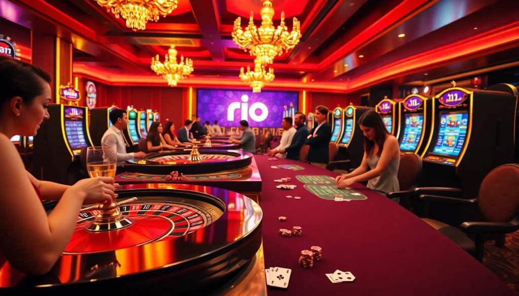 Gamblers enjoying a thrilling game experience with the rio App in a luxurious casino setting