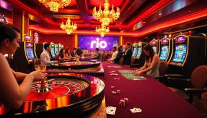 Gamblers enjoying a thrilling game experience with the rio App in a luxurious casino setting