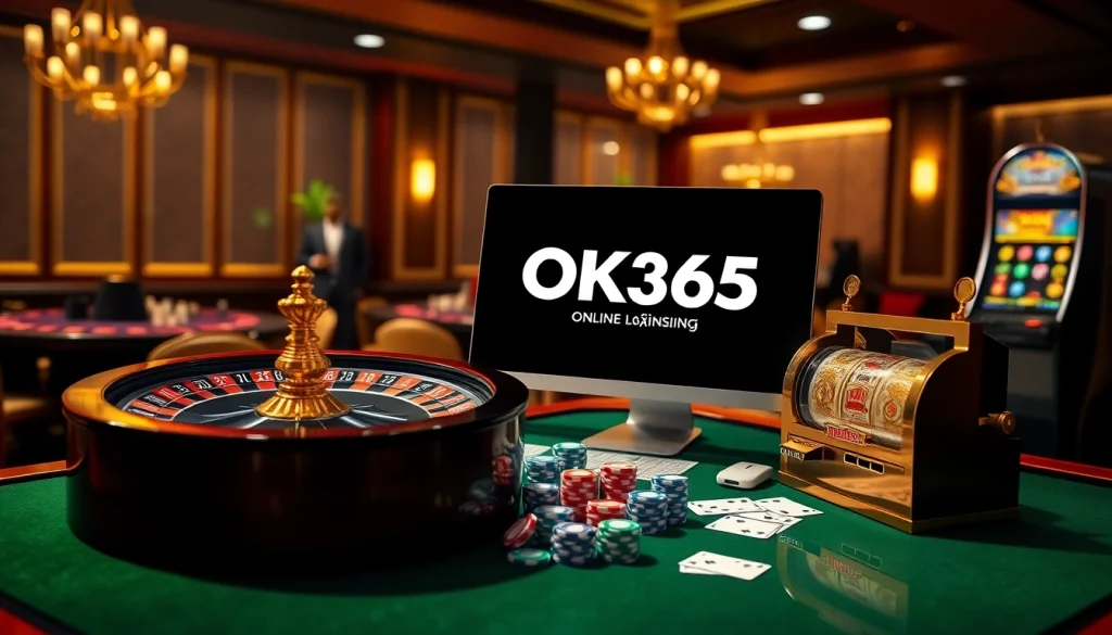 Exciting gaming action at OK365 Trang chủ with roulette wheel and poker chips.
