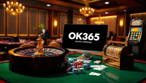 Exciting gaming action at OK365 Trang chủ with roulette wheel and poker chips.
