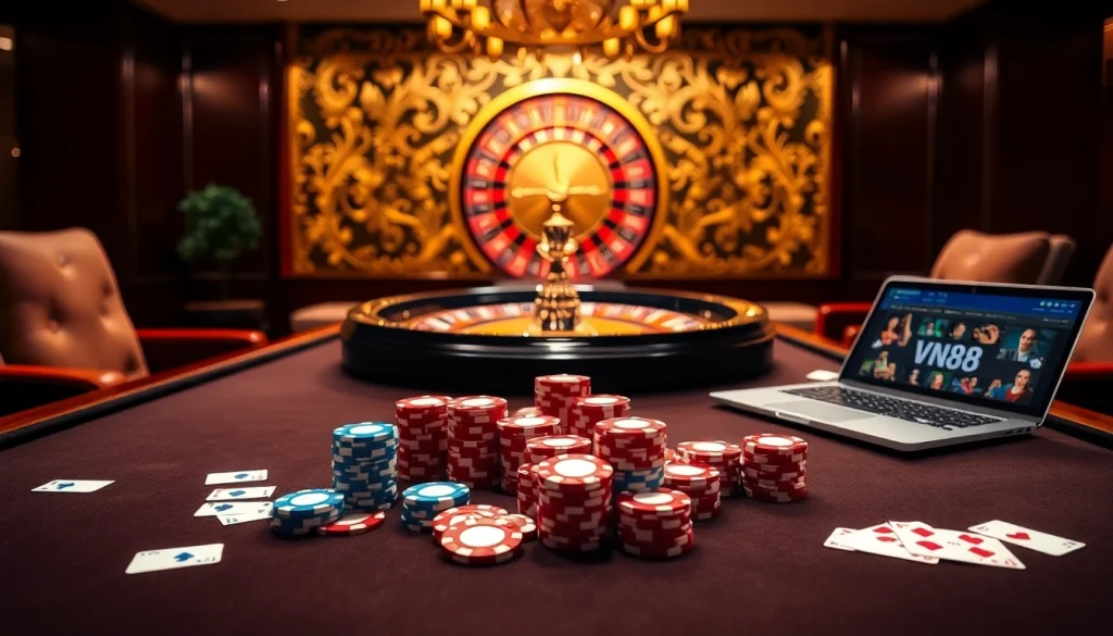 Experience the thrill of gambling at VN88 with vibrant poker chips and casino tables.