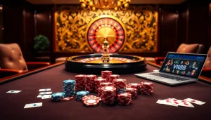 Experience the thrill of gambling at VN88 with vibrant poker chips and casino tables.