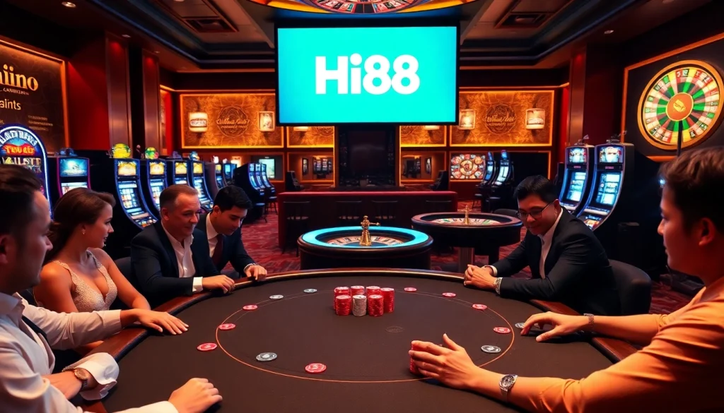 Experience the thrill of gaming at Hi88, showcasing lively poker tables and slot machines.