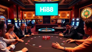 Experience the thrill of gaming at Hi88, showcasing lively poker tables and slot machines.