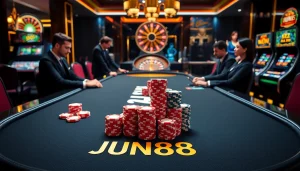 Experience the excitement of gambling at JUN88 with stunning poker action and vibrant casino visuals.
