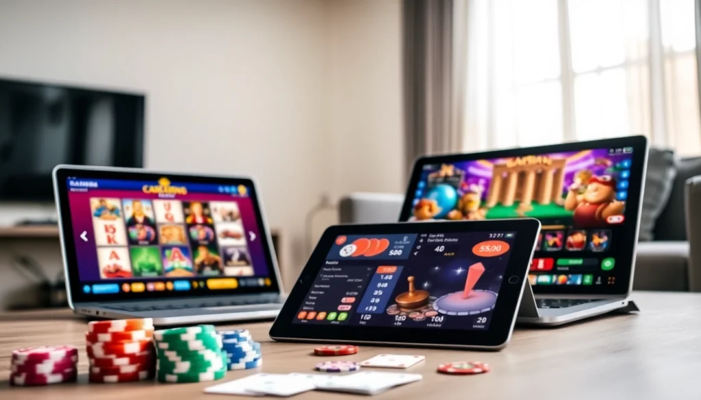 Engaging scene of online casinos in South Carolina with vibrant games, chips, and sleek devices.