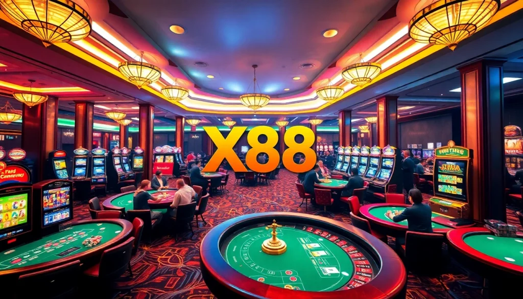 X88 logo displayed prominently amid the excitement of casino gaming with players at tables