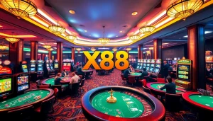 X88 logo displayed prominently amid the excitement of casino gaming with players at tables