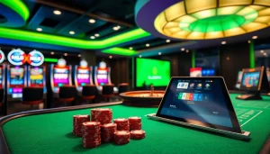 Engage with RAJABARONG at a luxurious casino, featuring vibrant tables and spinning roulette wheels.