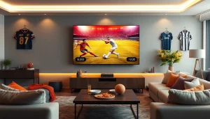 Watch Diema Sport online free in a lively living room with a large TV showcasing exciting sports matches.