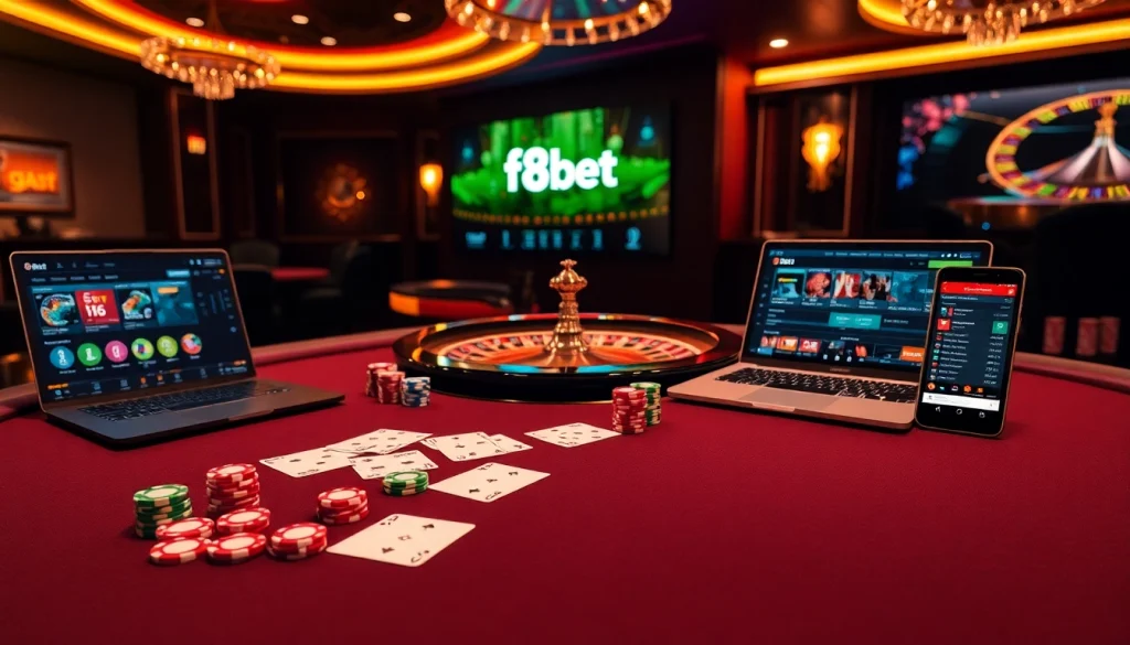 Experience thrilling gameplay at f8bet with a dynamic casino table, poker chips, and dazzling lights.