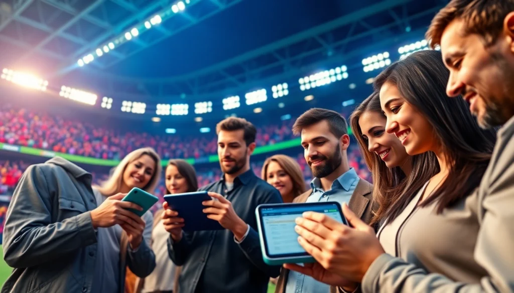 Engaging scene of users betting online via https://ufabet-auto.in with dynamic sports visuals.