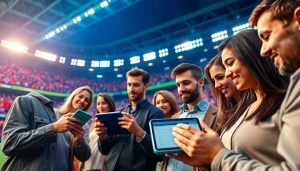 Engaging scene of users betting online via https://ufabet-auto.in with dynamic sports visuals.