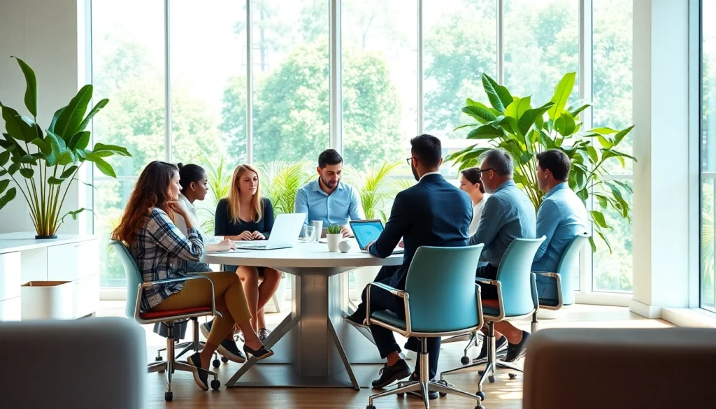 Agency professionals collaborating in a modern workspace emphasizing teamwork and innovation.