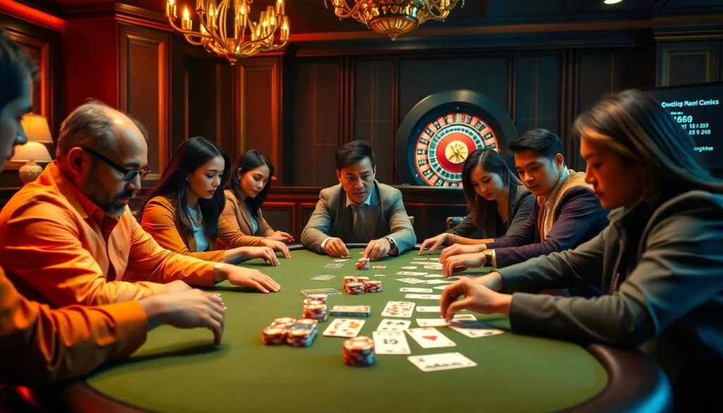 Players in an intense poker game surrounded by luxury at XX88.AI casino.