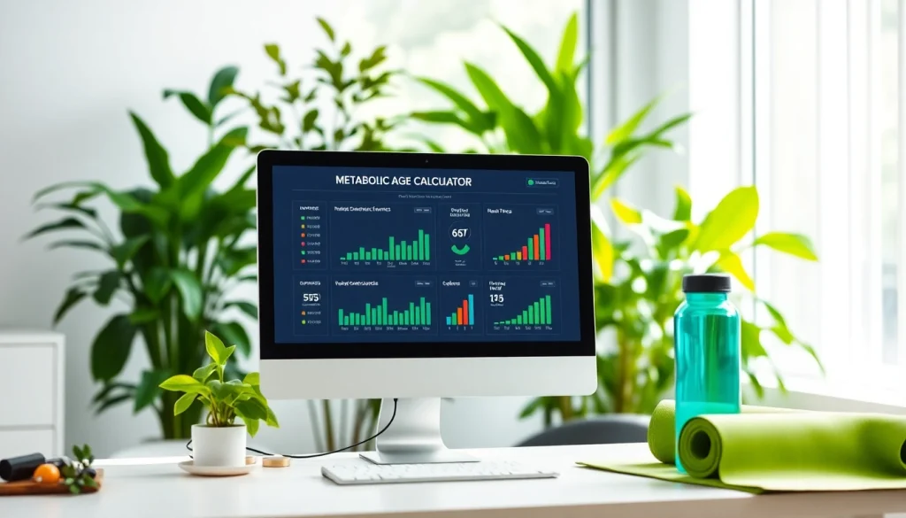 Calculate your metabolic age calculator with a sleek digital interface in a bright office.