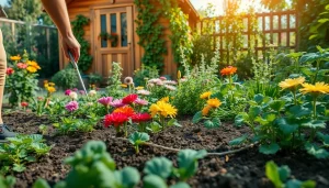 Gardening enthusiast tending to vibrant plants in a sunny, colorful garden.