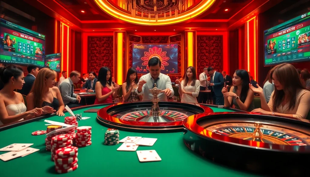 Experience the thrill of Nhà Cái Uy Tín with vibrant casino gameplay, poker chips, and a roulette wheel.