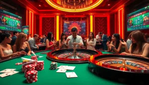 Experience the thrill of Nhà Cái Uy Tín with vibrant casino gameplay, poker chips, and a roulette wheel.