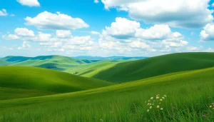 A scenic view of rolling hills showcasing vibrant greenery and a clear blue sky.
