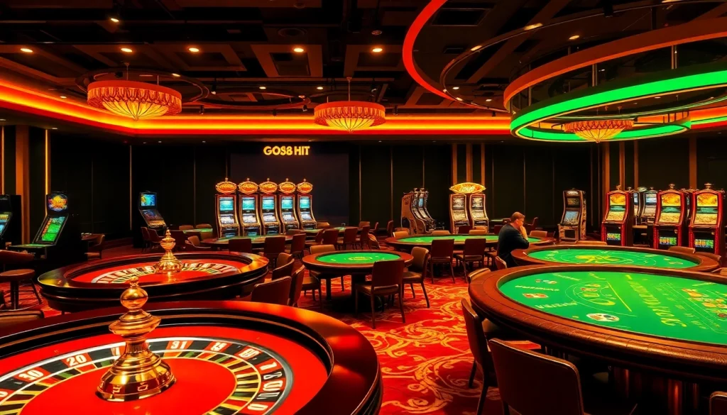 Engage in thrilling gameplay at go88 hit casino, featuring poker tables and slot machines.
