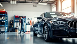 Expert car service near me with a professional mechanic working on a luxury sedan in a modern garage.