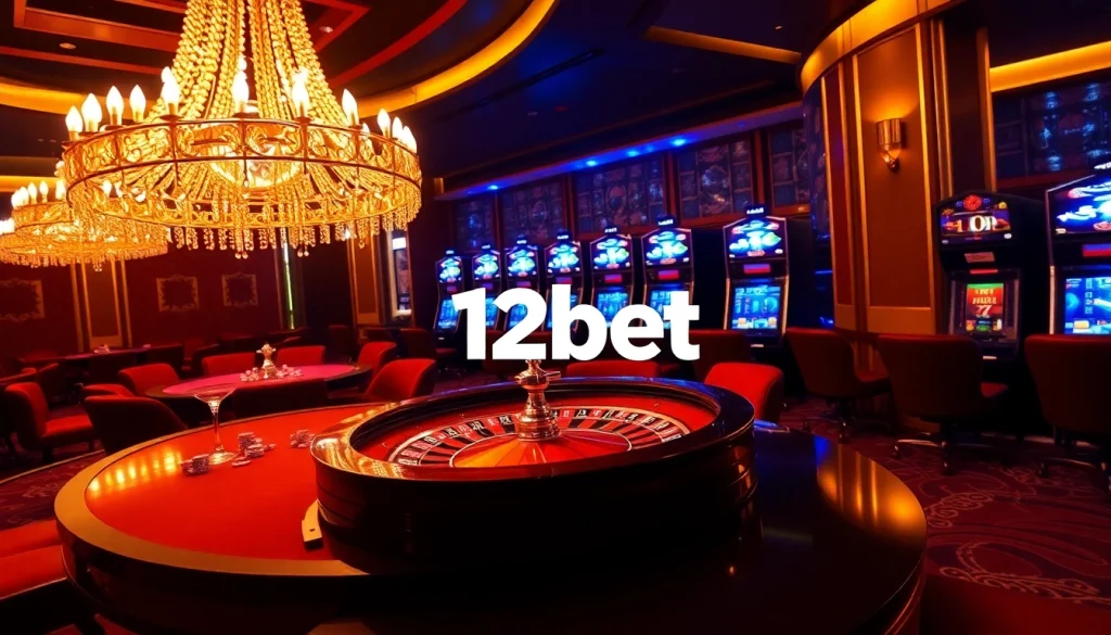12bet brand logo on a luxurious casino table with vibrant chips and roulette wheel.