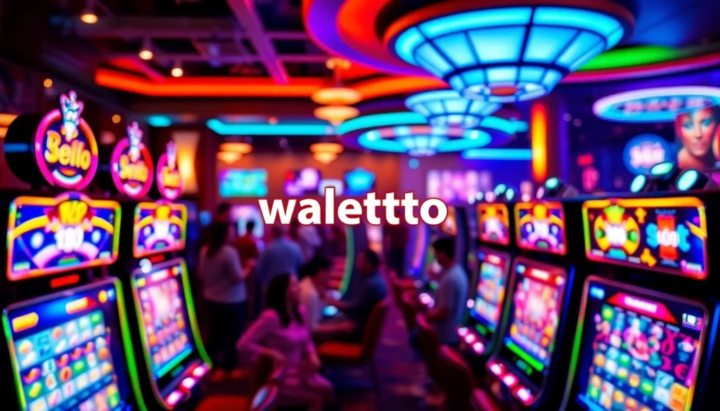 Walettoto logo displayed prominently in a vibrant casino setting with slot machines.