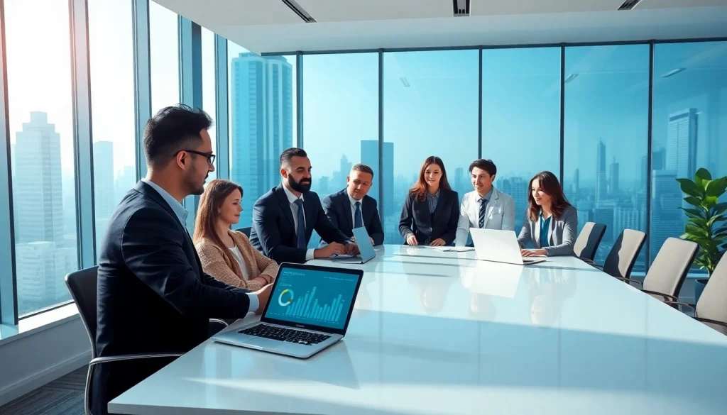 Business professionals collaborating in a modern office, embodying innovation with a focus on logo ik.