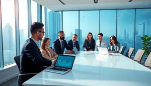 Business professionals collaborating in a modern office, embodying innovation with a focus on logo ik.