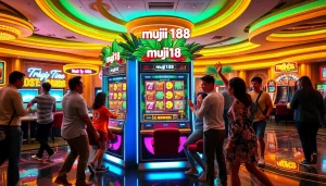 Engaged players experiencing the thrill of muji138 on a vibrant slot machine in a lively casino.