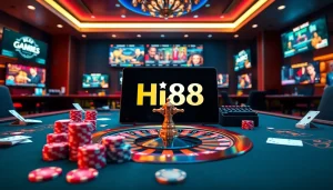 Engaging scene showcasing Hi88 online gambling interface with poker chips, cards, and roulette wheel.