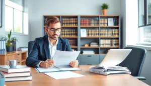 Traductor jurado working diligently in a professional office, translating official documents.