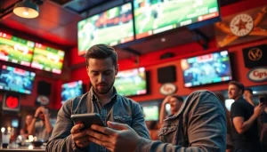 Engaged sports betting in New Brunswick expert analyzing betting odds in a vibrant sports bar.