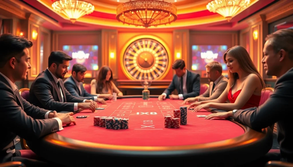 Engaging gamblers at a vibrant poker table in the luxurious XX88 casino setting.