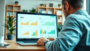 Analyze SEO performance metrics in a professional digital workspace with graphs and charts