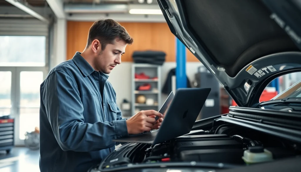 Finding competent auto repair near me with a technician inspecting a vehicle in a professional garage.